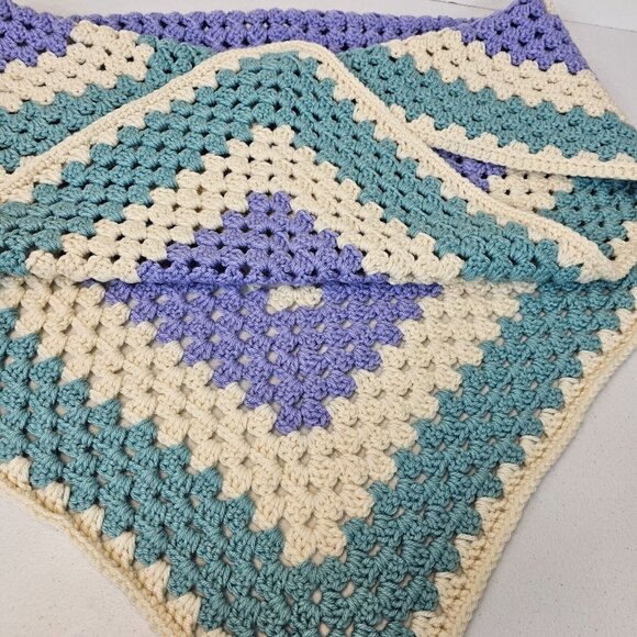 Crochet Handmade Throw Lap Blanket Purple Teal Ivory 37" x 40" Granny Square - Picture 1 of 8